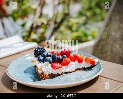 Morceau de cheesecake appétissant ou tarte aux baies avec de la crème fouettée dans une plaque rustique bleue sur une table en bois en plein air dans la journée ensoleillée d'été. Cheesecake New-yorkais avec mélange de baies, shot lifestyle Banque D'Images