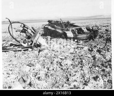 L'ARMÉE BRITANNIQUE DANS LA CAMPAGNE DE TUNISIE, NOVEMBRE 1942-MAI 1943 - Un char allemand Panzer IV a été démoli dans le champ près de Bou Arada, le 18-19 janvier 1943. Sur la gauche de l'image est la tourelle du canon, complètement soufflée loin du char. La bataille de Bou Arada. Le 18 janvier 1943, les Allemands lancent une attaque de chars avec Bou Arada comme objectif. Le Ve corps britannique prévoyait une attaque contre les positions allemandes dans les collines pour le 19 janvier. Tout le ravitaillement britannique se déplaçait pour cette attaque et 25 canons de livre avaient occupé un petit bois à l'extérieur de la ville et avaient pris des positions couvrant le Banque D'Images