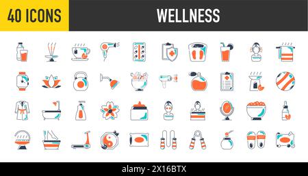 Icône de bien-être définie. Contenant massage, yoga, spa, relaxation, santé, exercice, alimentation, bien-être, aromathérapie et plus encore. Collection vectorielle d'icône solide. Illustration de Vecteur