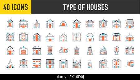 Type de maisons. Ensemble d'icônes de grands bâtiments de ville. Architecture urbaine. Institutions publiques, monuments religieux et culturels. Centres éducatifs et Illustration de Vecteur