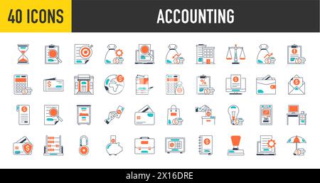 Ensemble d'icône lié au revenu comptable, salaire, argent, banque, bref cas, timbre, machine xerox, entreprise. Collection d'icônes. Illustration vectorielle Illustration de Vecteur