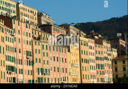 Camogli est un village marin de Ligurie avec de grandes maisons méditerranéennes aux couleurs vives. Banque D'Images