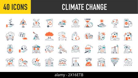 Icône de changement climatique définie. Contenant des icônes de réchauffement climatique, de serre, de fonte des glaces, de pollution terrestre et de catastrophe. Ensemble d'icônes pleines. Illustration de Vecteur