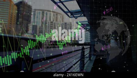 Image de l'interface infographique sur le time-lapse de véhicules se déplaçant dans la rue au milieu des bâtiments Banque D'Images