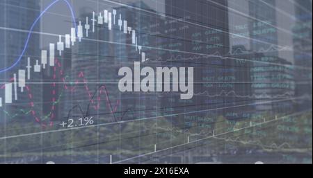 Image de plusieurs graphiques et des données boursières sur la vue en angle bas des gratte-ciels modernes dans la ville Banque D'Images