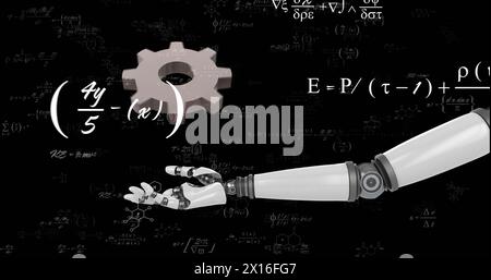 Image du bras de la roue dentée et du robot au-dessus du traitement des données mathématiques Banque D'Images
