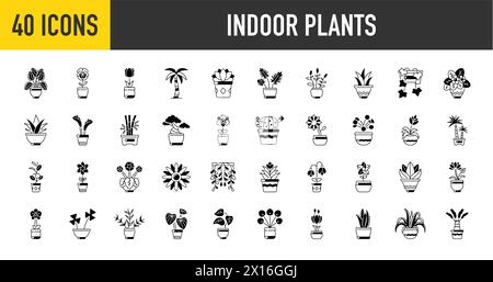 Plantes d'intérieur décoratives en pots. Plantes d'intérieur en pot de fleurs, vases, panier pour l'intérieur isolé sur fond blanc. Maison plus verte. Icônes vectorielles. Illustration de Vecteur