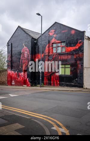 Murale Mohamed Salah près du stade Anfield, Liverpool Banque D'Images