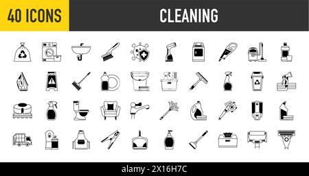 Icônes de nettoyage. Icônes blanchisserie, éponge et aspirateur. Lave-linge, service de ménage et équipement de nettoyage de ménage. Nettoyage de vitres. Illustration de Vecteur