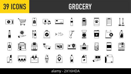 Icônes d'épicerie. Images des départements de l'épicerie, des ventes, de la livraison géographique, du panier de consommation, des produits laitiers et carnés, du pain, des légumes, des fruits Illustration de Vecteur