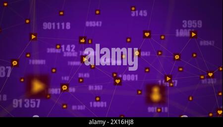 Image de plusieurs numéros changeants et réseau d'icônes numériques sur fond violet Banque D'Images