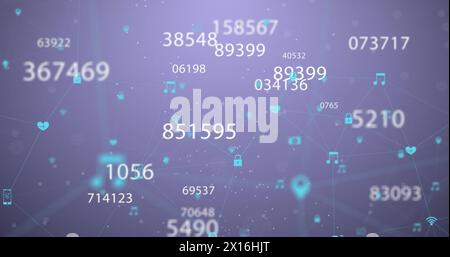 Image de plusieurs numéros changeants et réseau d'icônes numériques sur fond violet Banque D'Images
