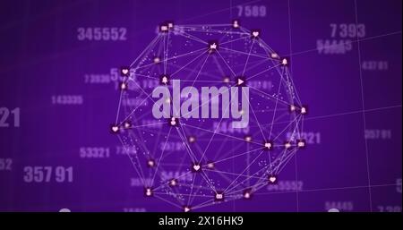 Image de plusieurs numéros changeants et globe tournant d'icônes numériques sur fond violet Banque D'Images