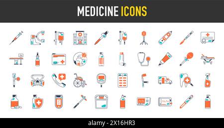 Jeu simple d'icônes de lignes vectorielles liées à la médecine. Contient des icônes telles que gel, inhalateur, prescription, sirop et plus encore. Illustration de Vecteur