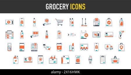 Icônes d'épicerie. Images des départements de l'épicerie, des ventes, de la livraison géographique, du panier de consommation, des produits laitiers et carnés, du pain, des légumes, des fruits Illustration de Vecteur