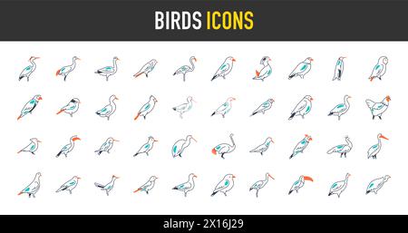 Ensemble d'icônes oiseaux. Pack d'icônes de style artistique simple. Illustration vectorielle Illustration de Vecteur