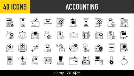 Ensemble d'icône lié au revenu comptable, salaire, argent, banque, bref cas, timbre, machine xerox, entreprise. Collection d'icônes. Illustration vectorielle Illustration de Vecteur