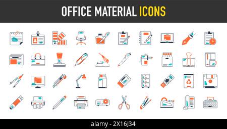 Icônes matériel de bureau. colle, cahier, matériel, stylo, ciseaux, agrafeuse, règle, gomme. Outils de bureau et ensemble de vecteur d'équipement pour l'éducation. Illustration de Vecteur