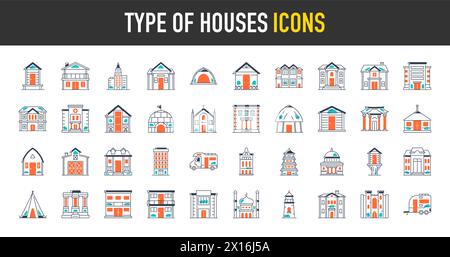 Type de maisons. Ensemble d'icônes de grands bâtiments de ville. Architecture urbaine. Institutions publiques, monuments religieux et culturels. Centres éducatifs et Illustration de Vecteur