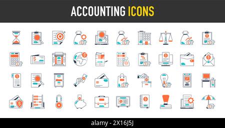 Ensemble d'icône lié au revenu comptable, salaire, argent, banque, bref cas, timbre, machine xerox, entreprise. Collection d'icônes. Illustration vectorielle Illustration de Vecteur