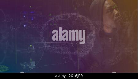 Image du cerveau numérique et des équations mathématiques sur l'homme afro-américain à l'aide d'un ordinateur portable Banque D'Images