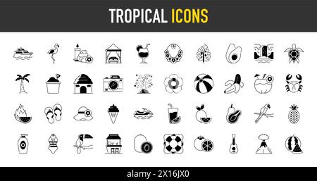 Ensemble d'icônes de vacances tropicales. Collection Seasonal Elements. Flamants roses, crème glacée, ananas, feuilles tropicales, cocktails, plumeria, pastèque, plage. Illustration de Vecteur