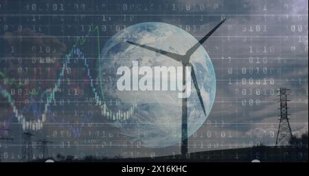 Image de codage binaire de traitement de données financières sur terre et éolienne Banque D'Images