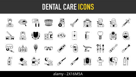 Icônes de soins dentaires. Illustration vectorielle inclure icône - implant, bagues, dentiste, mal de dents, aligneurs, facettes, pictogramme dentaire pour la clinique stomatologique. Illustration de Vecteur