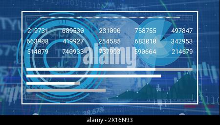 Image du globe, des cercles de traitement, des graphiques et des données financières sur écran numérique Banque D'Images