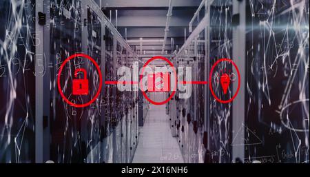 Illustration des icônes de traitement des données et de supports dans la salle des serveurs Banque D'Images