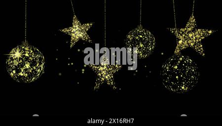 Image de points sur des étoiles dorées et des boules sur fond noir Banque D'Images