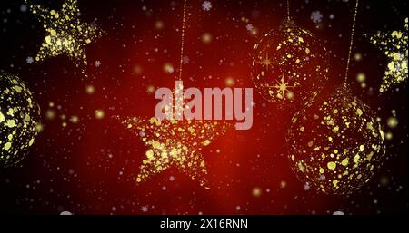 Image de points sur des étoiles dorées et des boules sur fond rouge Banque D'Images