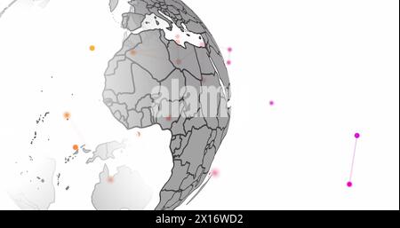 Image d'un réseau de connexions sur un globe tournant sur fond blanc Banque D'Images