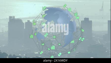 Image d'un réseau d'icônes numériques au-dessus d'un globe en rotation contre une vue aérienne du paysage urbain Banque D'Images