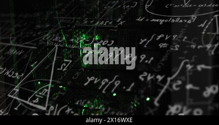 Illustration de l'équation mathématique et des diagrammes comparés au rack de serveur éclairé dans la salle des serveurs Banque D'Images