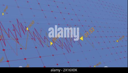 Image de plusieurs graphiques et flèches avec des numéros changeants sur fond bleu Banque D'Images