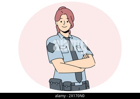 Femme souriante de police en uniforme, debout avec les armes croisées. Bonne garde de femme se sentant confiant montrer puissance et force. Illustration vectorielle. Illustration de Vecteur