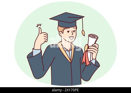 Diplômé gars en robe et chapeau d'université tient paquet avec le diplôme et montre les pouces vers le haut. Les étudiants de l'université se réjouissent d'obtenir une éducation de qualité dans un bon établissement d'enseignement Illustration de Vecteur