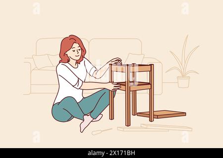 Femme assemble le tabouret avec ses propres mains, assis sur le sol dans l'appartement et rendant sa propre maison plus confortable. Jeune fille répare le tabouret cassé à l'aide d'un tournevis, sans impliquer bricoleur. Illustration de Vecteur