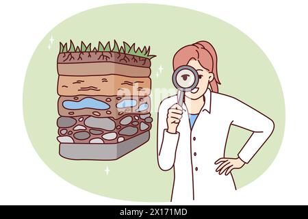 Femme scientifique avec loupe est engagée dans la géologie à la recherche de dépôts de ressources précieuses. La jeune écologiste en manteau blanc effectue un examen de la pollution du sol Illustration de Vecteur