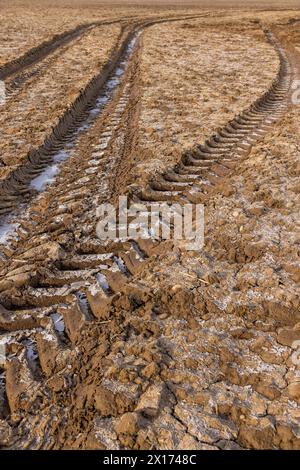 une piste profonde d'une voiture lourde dans un champ, un champ labouré avec un sol gelé et des traces de machines agricoles Banque D'Images