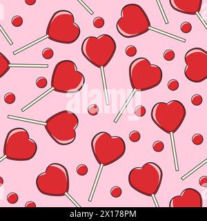 Seamless vector background avec sucette rouge bonbons en forme de coeur sur fond rose. l'amour, romantique ou tendance transparente de la saint valentin Illustration de Vecteur