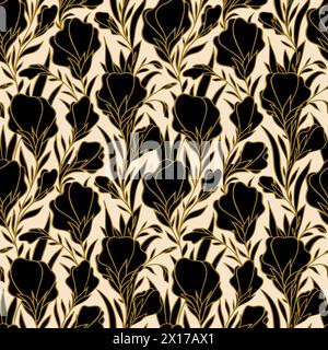 motif sans couture de grands boutons de fleurs noires avec un contour doré sur un fond beige, texture florale brillante, design Banque D'Images