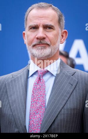 Madrid, Espagne. 15 avril 2024. Le roi d'Espagne Felipe VI vu lors du jour d'inauguration de la 4ème édition de Wake Up, Spain!, un Forum économique organisé par le journal El Espanol à la Casa de America à Madrid. Crédit : SOPA images Limited/Alamy Live News Banque D'Images