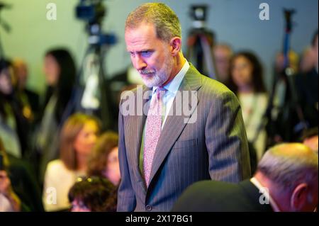 Madrid, Espagne. 15 avril 2024. Le roi d'Espagne Felipe VI vu lors du jour d'inauguration de la 4ème édition de Wake Up, Spain!, un Forum économique organisé par le journal El Espanol à la Casa de America à Madrid. Crédit : SOPA images Limited/Alamy Live News Banque D'Images