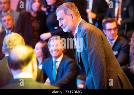 Madrid, Espagne. 15 avril 2024. Le roi d'Espagne Felipe VI vu lors du jour d'inauguration de la 4ème édition de Wake Up, Spain!, un Forum économique organisé par le journal El Espanol à la Casa de America à Madrid. Crédit : SOPA images Limited/Alamy Live News Banque D'Images