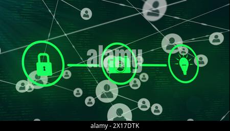 Image de cadenas, caméra, icônes d'ampoule formant organigramme sur les icônes de profil connectées Banque D'Images