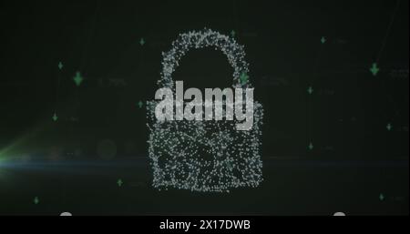 Image du réseau de connexions et icône de cadenas de sécurité contre la tache lumineuse sur fond noir Banque D'Images