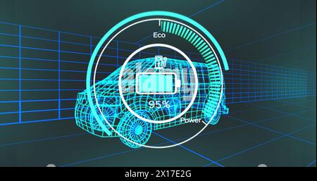 Image du niveau de batterie au-dessus du projet de fourgonnette électrique sur fond de marine Banque D'Images