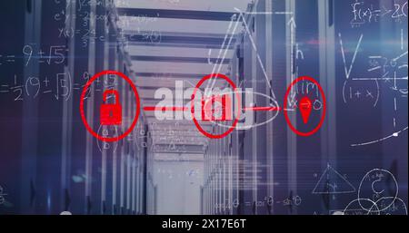 Image d'un réseau d'icônes numériques, de traitement des données et d'équations mathématiques sur la salle des serveurs Banque D'Images